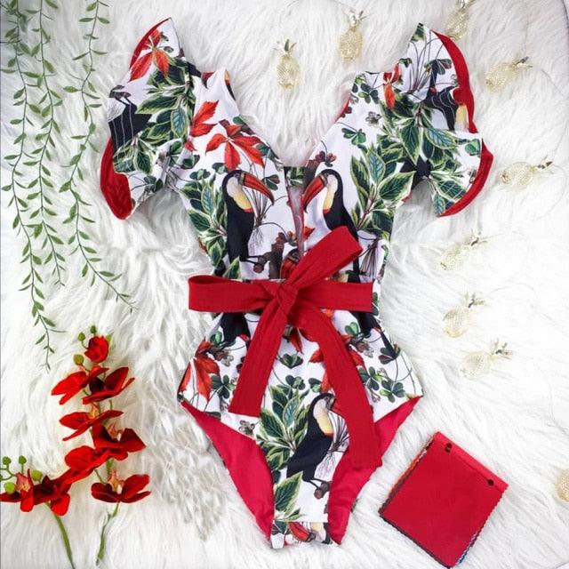 New Sexy Ruffle Print Floral One Piece Off The Shoulder Swimwear