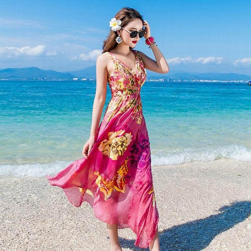 Summer High Quality Elegant Real Silk Beach Dress - HER SHOP