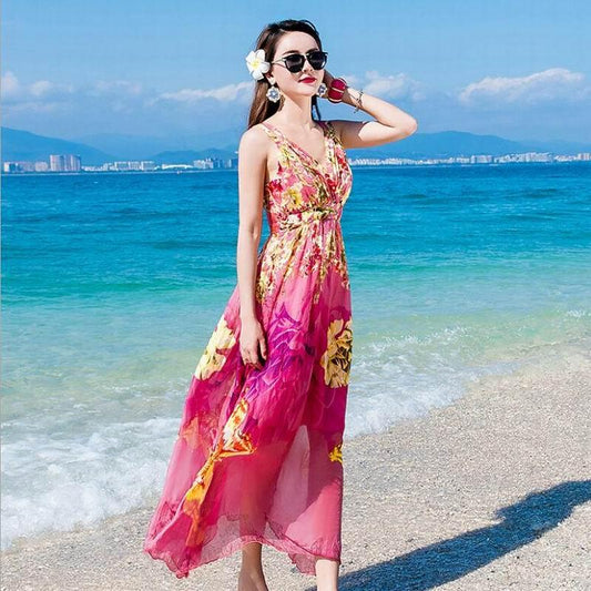 Summer High Quality Elegant Real Silk Beach Dress - HER SHOP