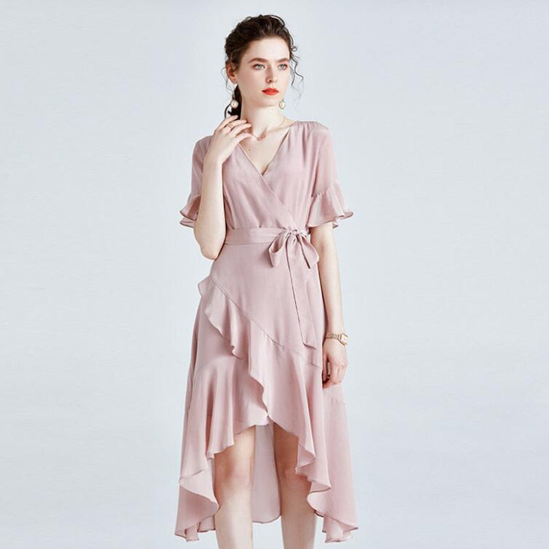 High Quality V-neck Elegant 100% Silk Dress For Ladies
