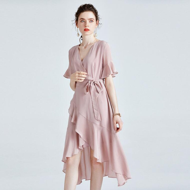 High Quality V-neck Elegant 100% Silk Dress For Ladies