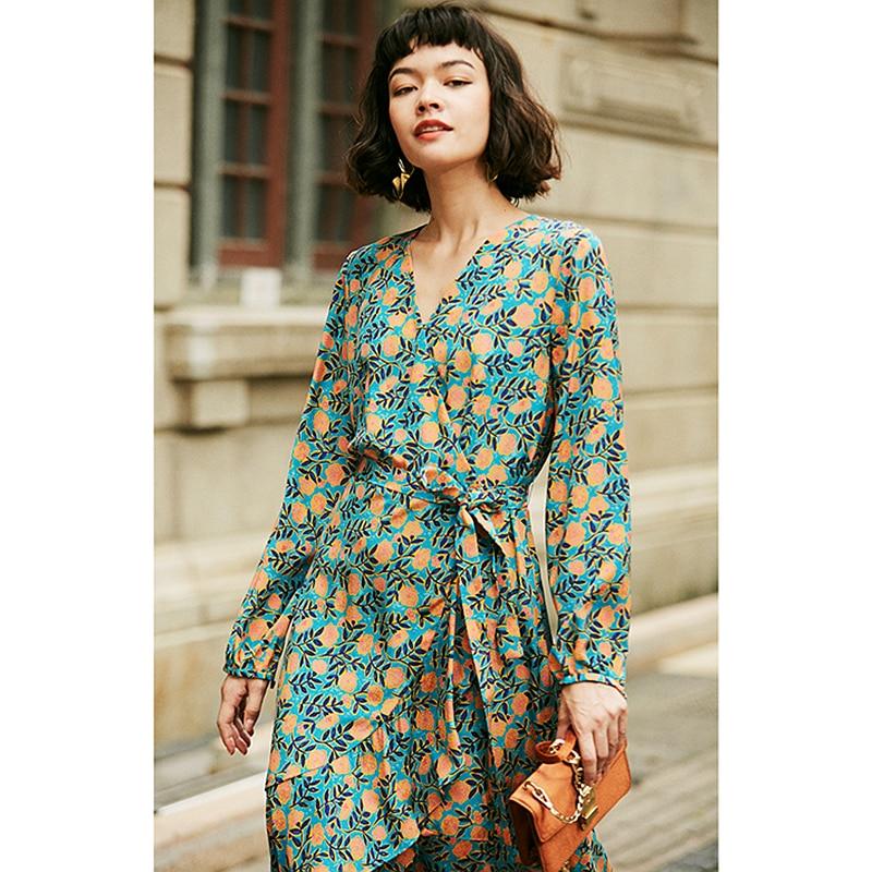 Elegant New Fashion V Neck Long Sleeves 100% Silk Dress As picture / XL Elegant New Fashion V Neck Long Sleeves 100% Silk Dress As picture / XL