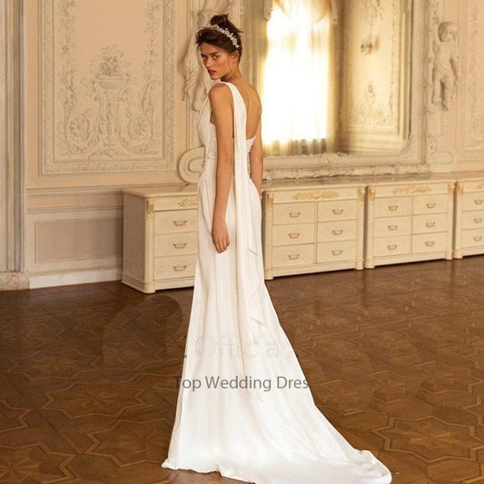Boho Vintage One Shoulder Sequins High Side Split Simple Beach A-Line Bride Gown - HER SHOP