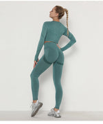 Seamless  Women Long Sleeve Crop Top High Waist Leggings+ Bra Yoga Sets