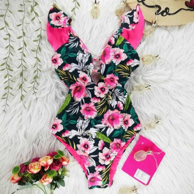 New Sexy Ruffle Print Floral One Piece Off The Shoulder Swimwear