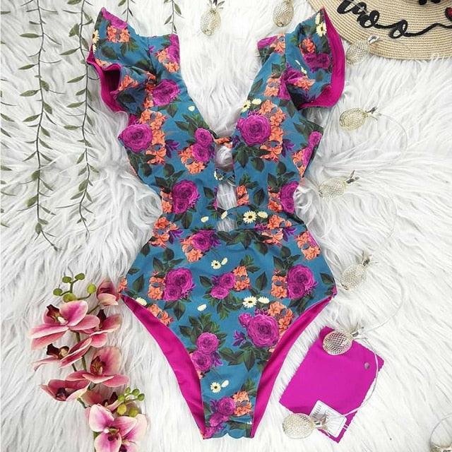 New Sexy Ruffle Print Floral One Piece Off The Shoulder Swimwear