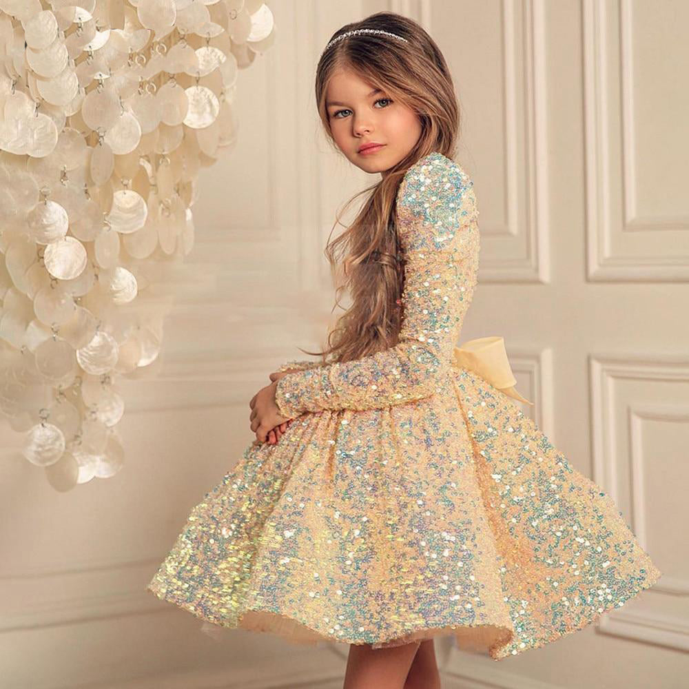Glitter Sequin Fluffy Elegant Little Princess Bow Dresses