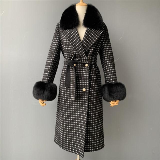 Women's Wool Coat with Spring Real Fox Fur Collar