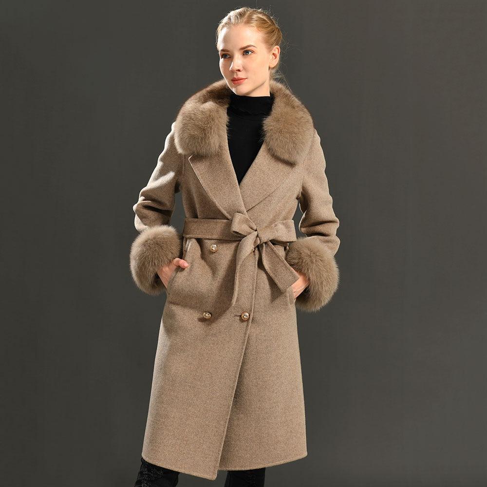 Women's Wool Coat with Spring Real Fox Fur Collar