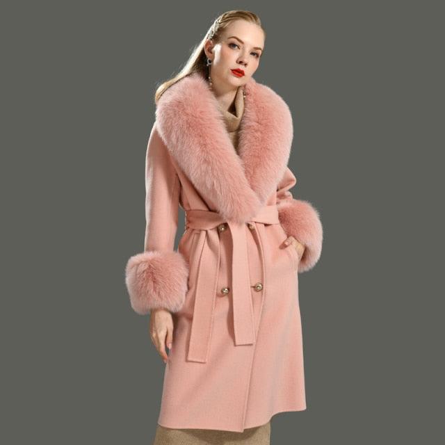 Women's Wool Coat with Spring Real Fox Fur Collar