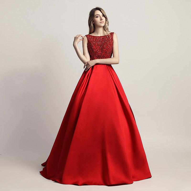 Elegant Evening Dresses O Neck Sleeveless Backless Empire A-Line Party Gown Beaded Sequins