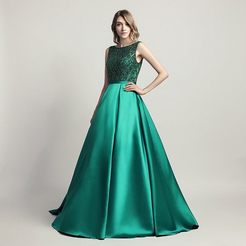 Elegant Evening Dresses O Neck Sleeveless Backless Empire A-Line Party Gown Beaded Sequins