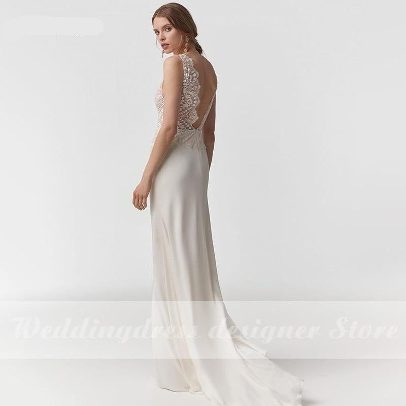 Lace Top V Neck White/Ivory Simple Soft Chiffon Wedding Dresses
