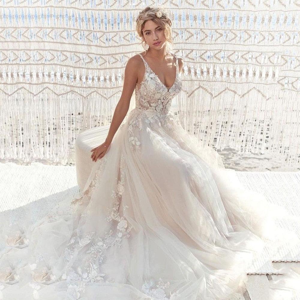Light Champagne A-Line Tulle Wedding Gowns - HER SHOP