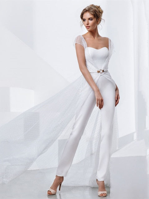 Custom Made White Satin One Shoulder Ruched Bridal Jumpsuit Wedding Dresses