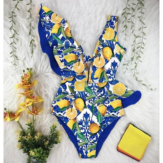 New Sexy Ruffle Print Floral One Piece Off The Shoulder Swimwear