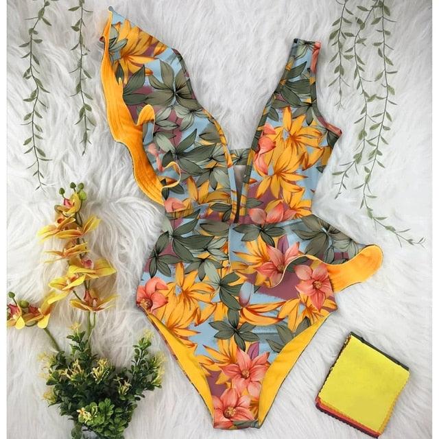 New Sexy Ruffle Print Floral One Piece Off The Shoulder Swimwear