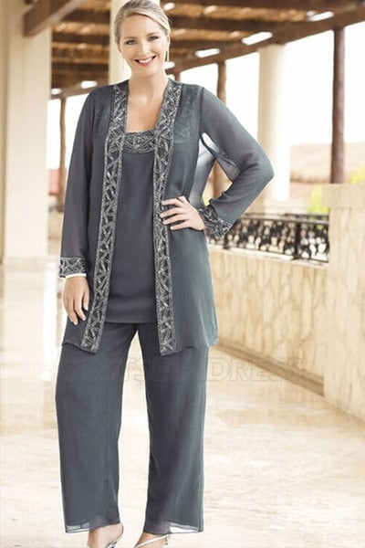 Elegant Chiffon Mother of the Bride Pant Suits with Slit Long Sleeves for  Boho Wedding Guests - Gray Lace Applique Casual Simple Groom Mom Prom Party