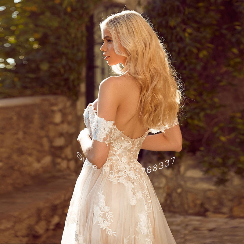 Off the Shoulder Backless Elegant Wedding Dress with Detachable Sleeves