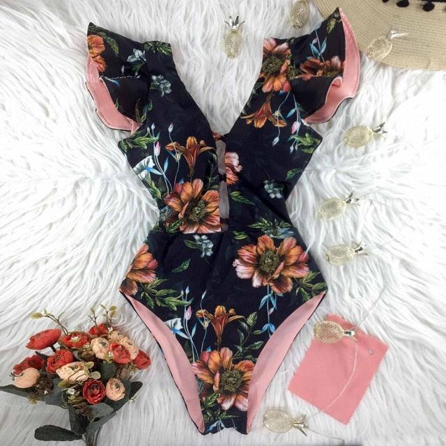 New Sexy Ruffle Print Floral One Piece Off The Shoulder Swimwear