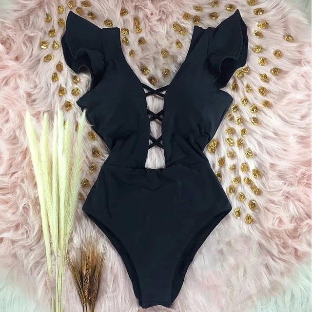 New Sexy Ruffle Print Floral One Piece Off The Shoulder Swimwear