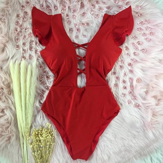 New Sexy Ruffle Print Floral One Piece Off The Shoulder Swimwear