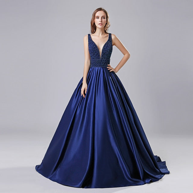 A Line V Neck Deep Blue Sleeveless Long Prom Dresses, Deep Blue V