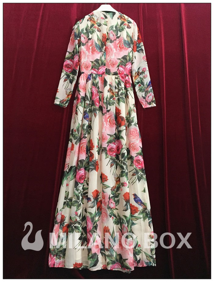 Sequined Beaded Rose Floral Bird Printed Long Dress Maxi Dress With Scarf