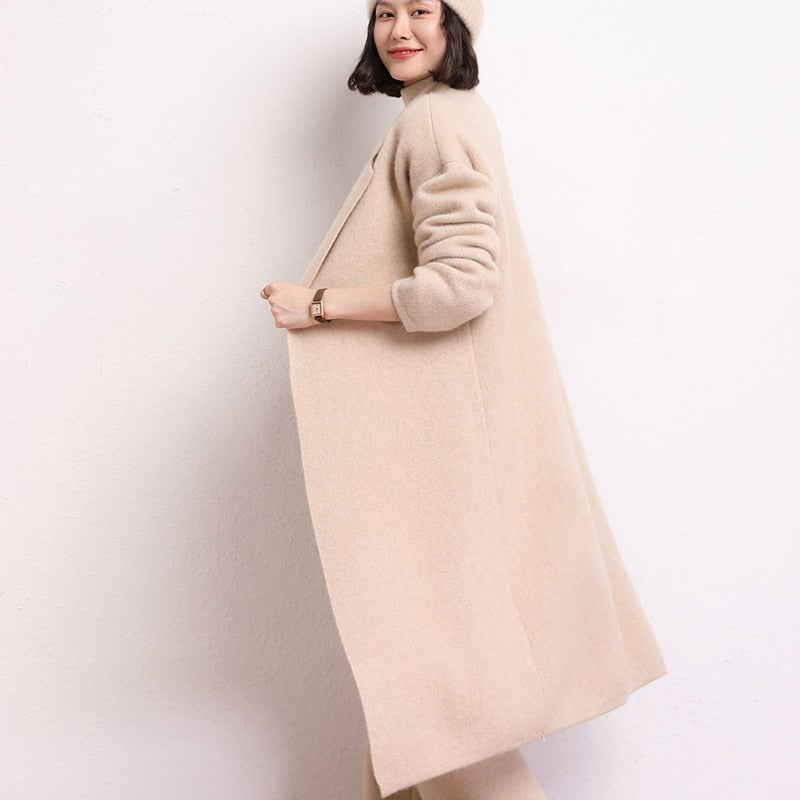 New 100% Cashmere Pure Color Knitted Cardigan Coat