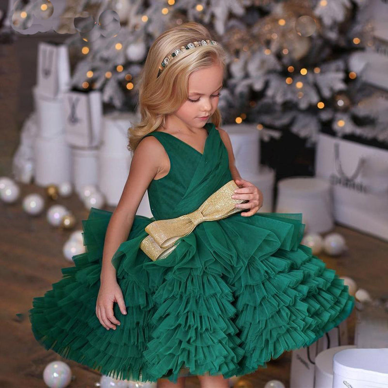 Puffy Glitter Green Sleeveless Girls Princess Dress