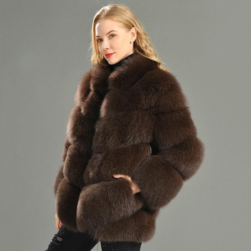 Winter Natural Real Fox Fur Coat For Women with Stand Collar