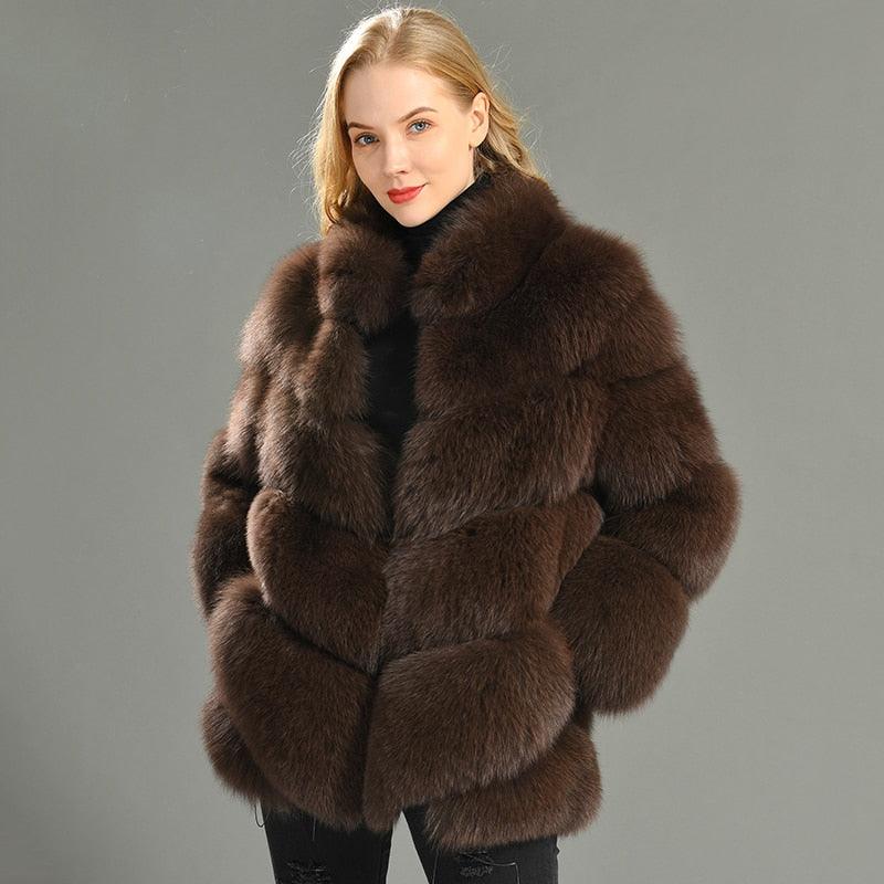 Winter Natural Real Fox Fur Coat For Women with Stand Collar