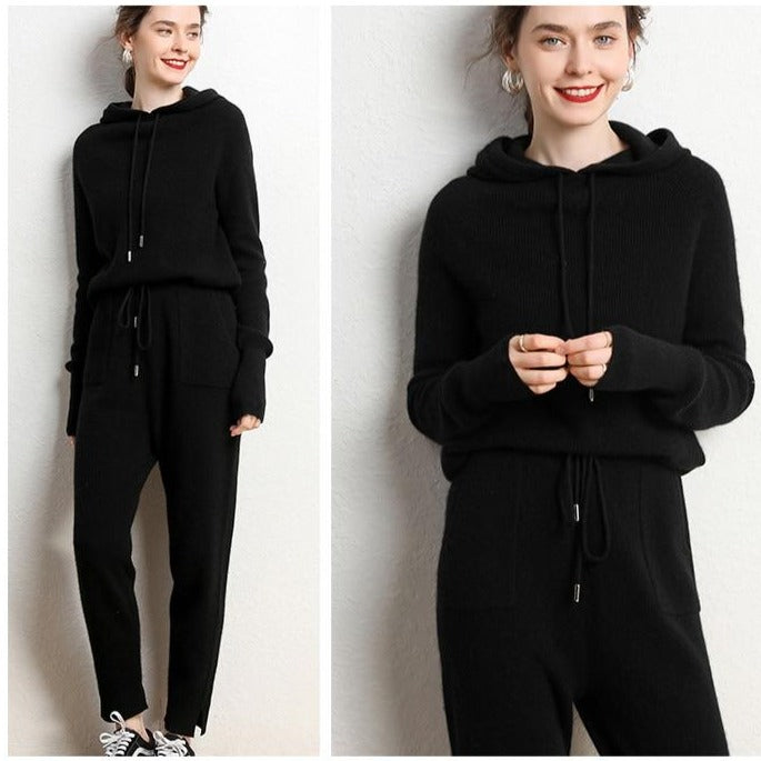 Autumn and Winter Women's Cashmere Hooded Sweater Suit with Cashmere Pants