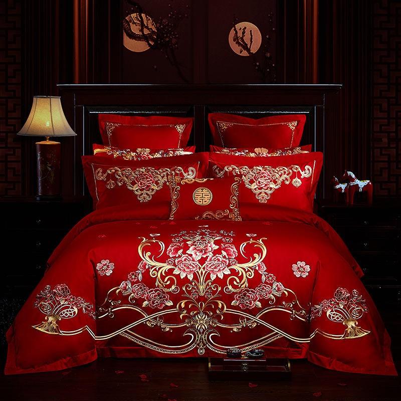 Luxury Red 100% Cotton Oriental Style Embroidery Wedding Bedding Sets - HER SHOP
