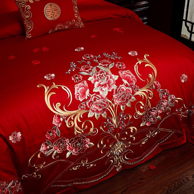 Luxury Red 100% Cotton Oriental Style Embroidery Wedding Bedding Sets