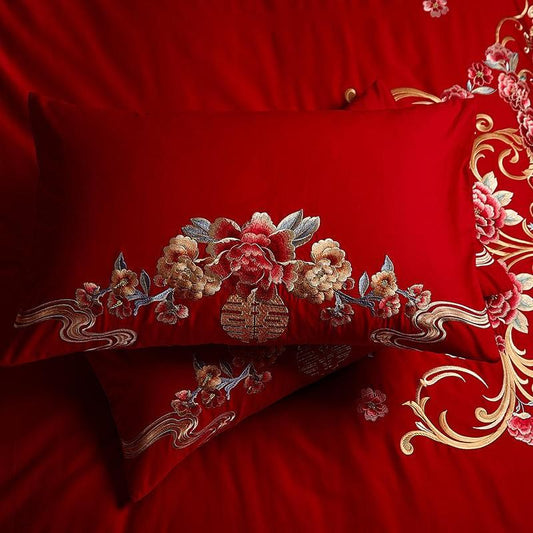 Luxury Red 100% Cotton Oriental Style Embroidery Wedding Bedding Sets - HER SHOP