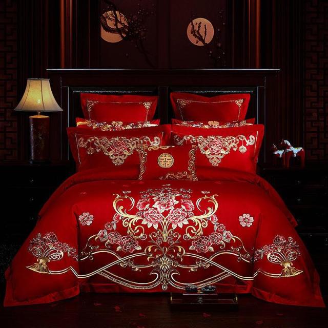 Bedding Set Egyptian Cotton Luxury Red Chinese Wedding Bedding Set King  Queen Size Premium Embroidery Bed Set