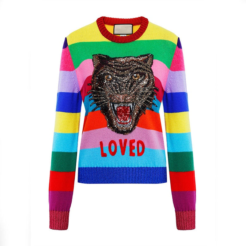 Runway Design Tiger Sequins Embroidered Women Sweater