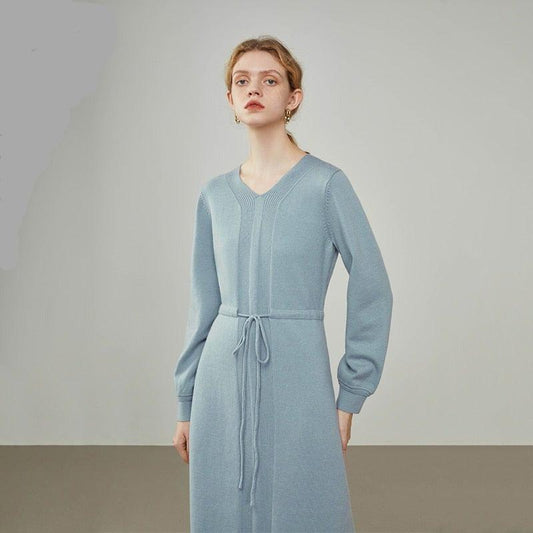 Women Winter V-neck Lace-up Waist Long Thick Camel Knitted Dress - HER SHOP