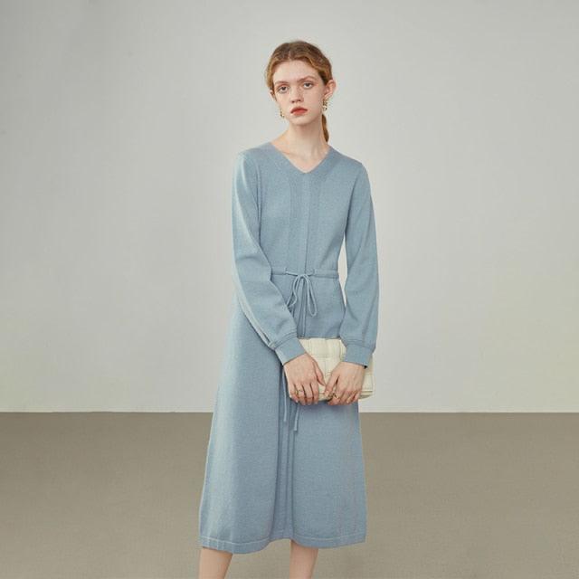 Women Winter V-neck Lace-up Waist Long Thick Camel Knitted Dress - HER SHOP