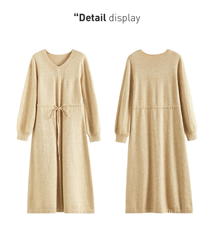 Women Winter V-neck Lace-up Waist Long Thick Camel Knitted Dress