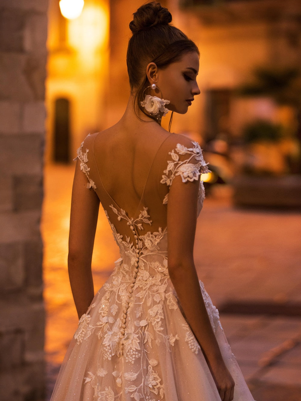 Sexy A Line Lace Deep V neck Plus Size Beading Appliques Wedding Dress