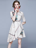 European Holiday Style Lapel Print Lace Irregular Slim Dress