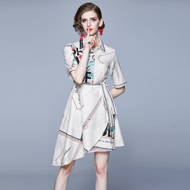 European Holiday Style Lapel Print Lace Irregular Slim Dress
