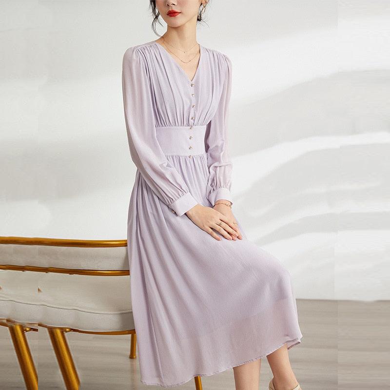 Elegant Purple Long Sleeve Mulberry Silk A-Line Dress - HER SHOP