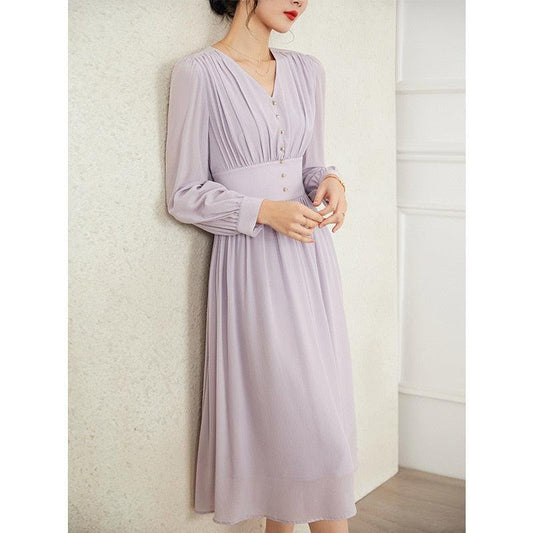 Elegant Purple Long Sleeve Mulberry Silk A-Line Dress - HER SHOP