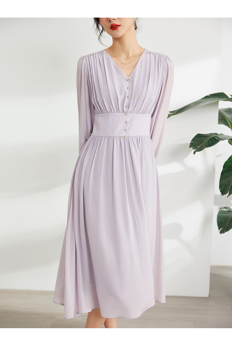 Elegant Purple Long Sleeve Mulberry Silk A-Line Dress