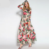 Sequined Beaded Rose Floral Bird Printed Long Dress Maxi Dress With Scarf