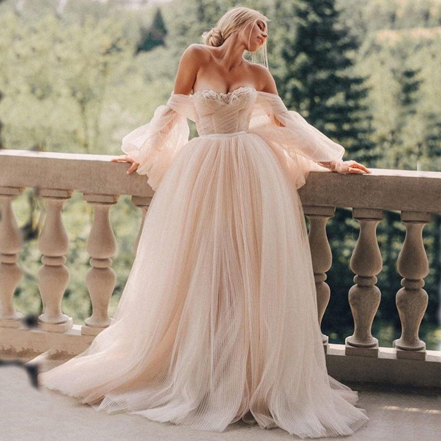 Long Puff Sleeve Champagne Off Shoulder Wedding Dress - HER SHOP