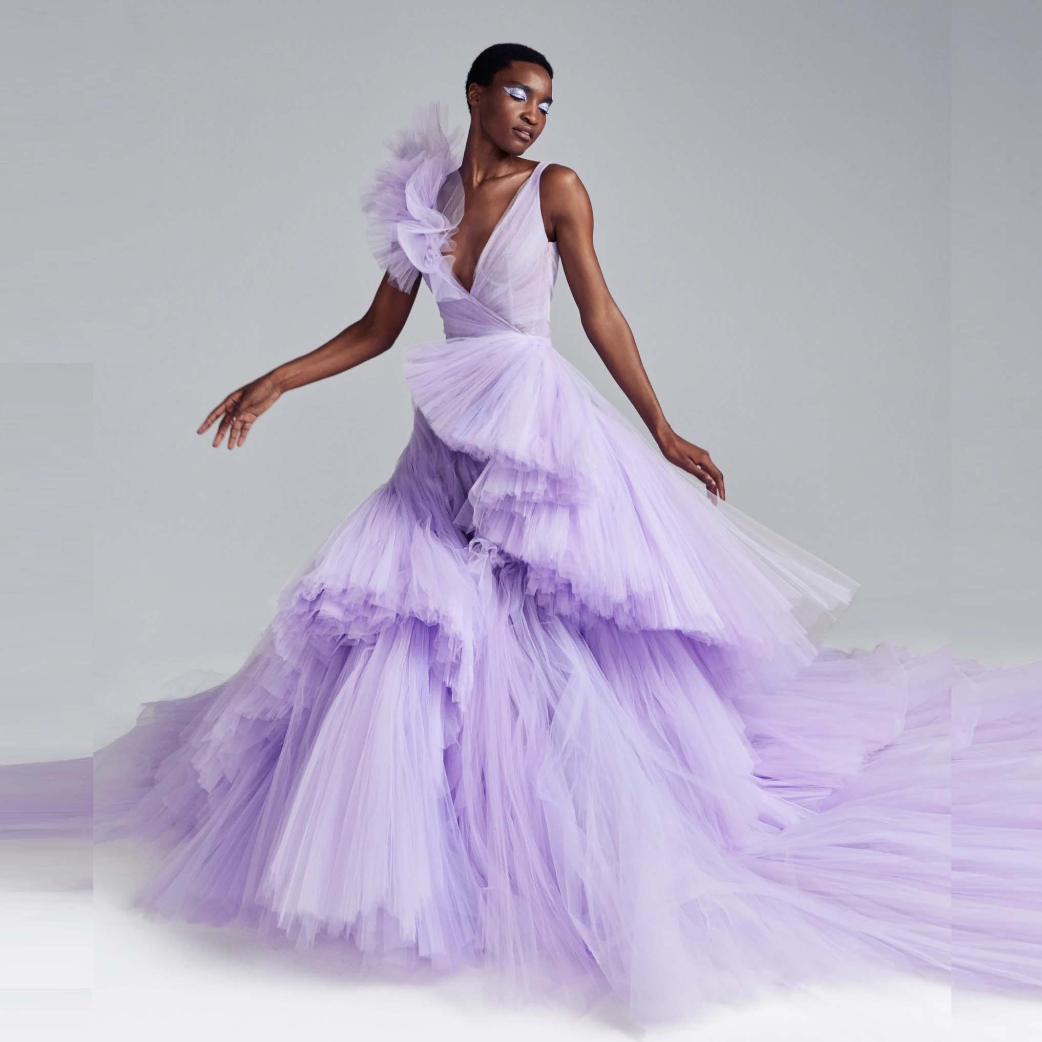Lavender Flounced Tulle V-neck Thin Straps Prom Dress - Lunss